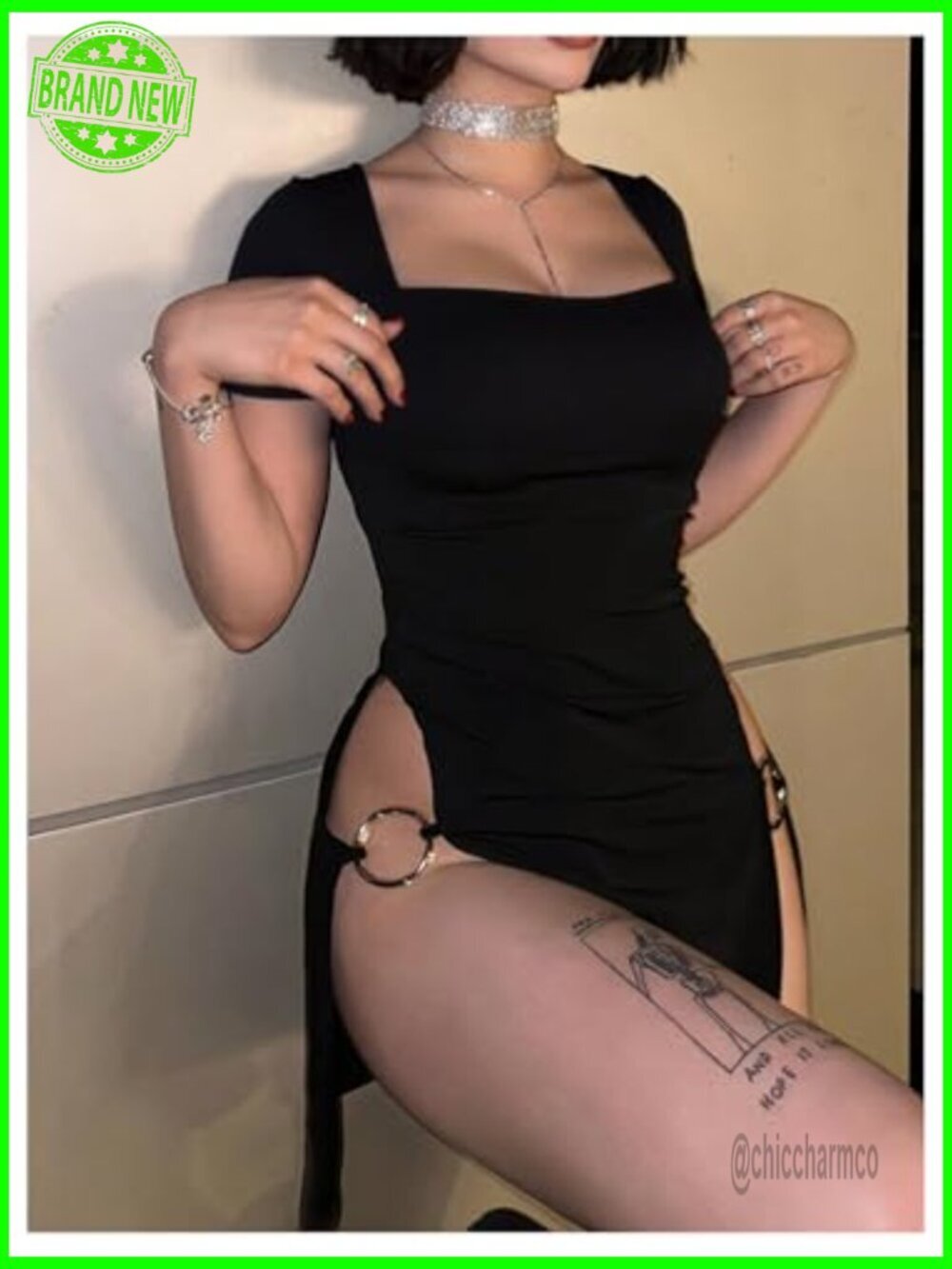Women's Plus Size Short Sleeve Bodycon Mini Dress with High Slit, Pull On Style - Picture 4 of 5